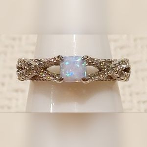 *BP #2497 Lab Iridescent Fire Opal-White Topaz-Rhodium Band Size 7.25 BRAND NEW